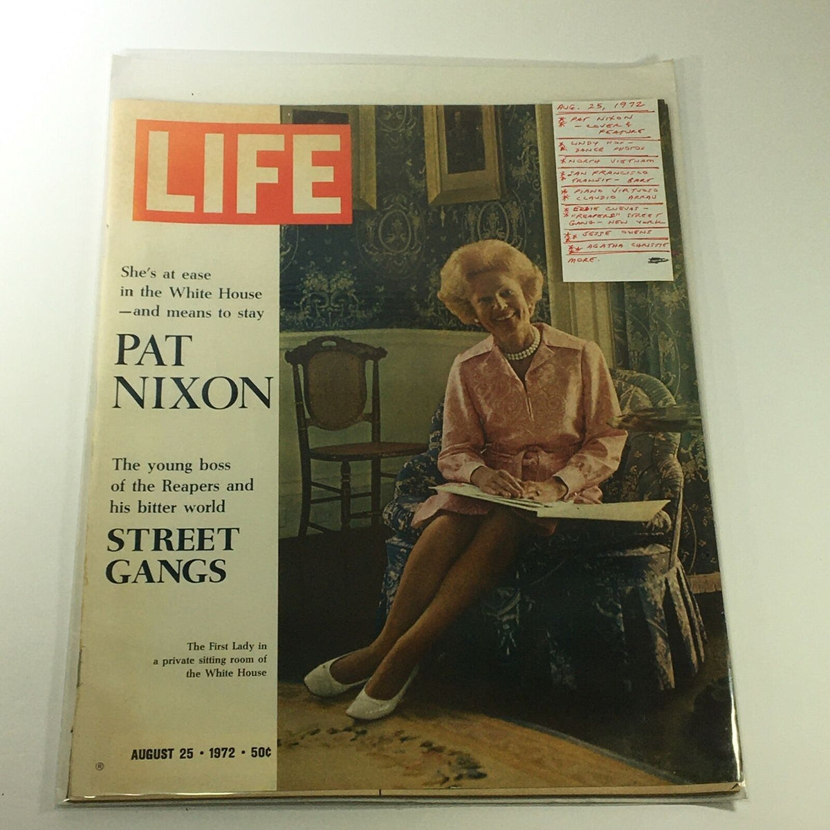 VTG Life Magazine August 25 1972 featuring Pat Nixon on the cover, showcasing her at ease in the White House with a vintage design.