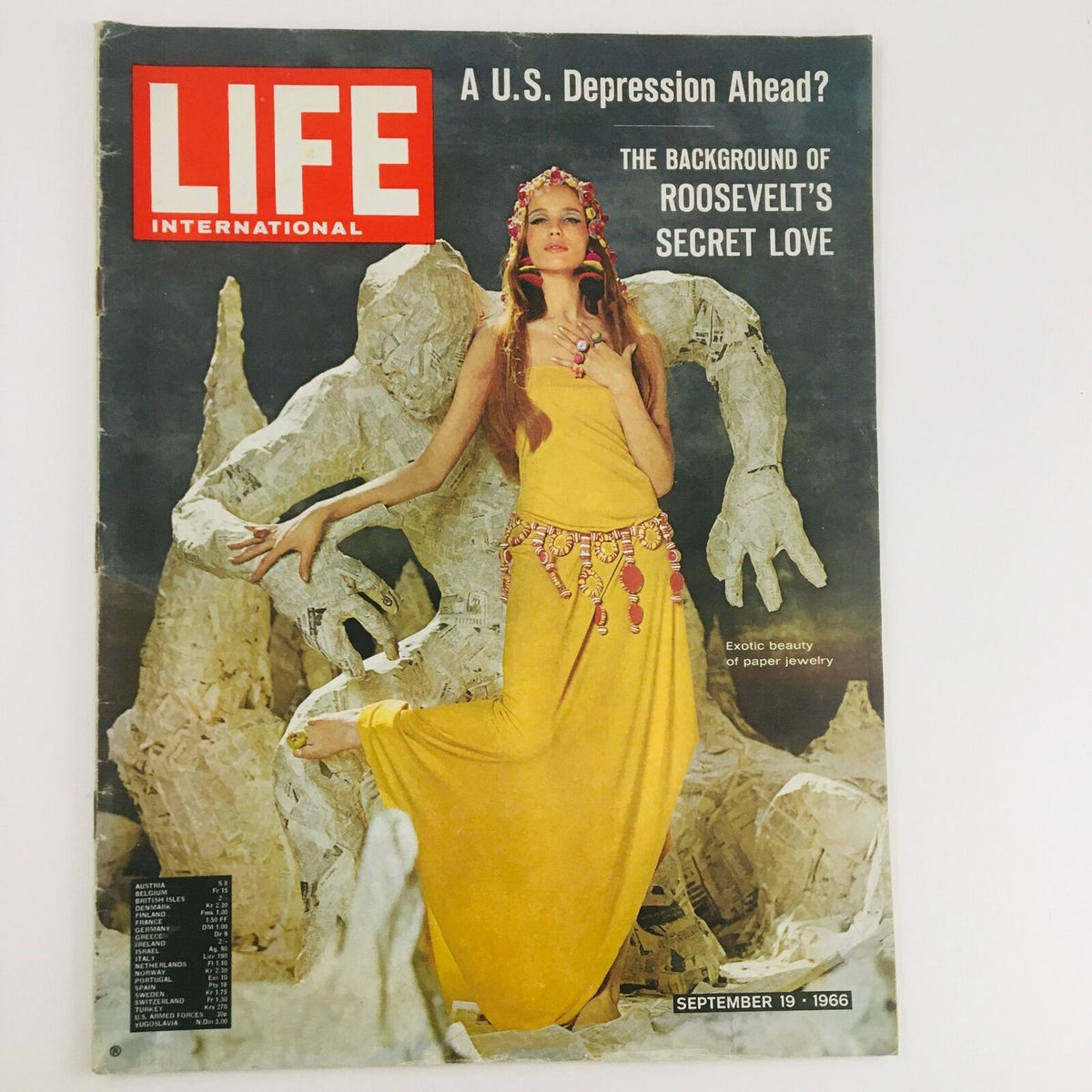 Cover of Life International Magazine from September 19, 1966, featuring the article 'Roosevelt's Secret Love' with a striking image of a model in a yellow dress surrounded by clay sculptures.
