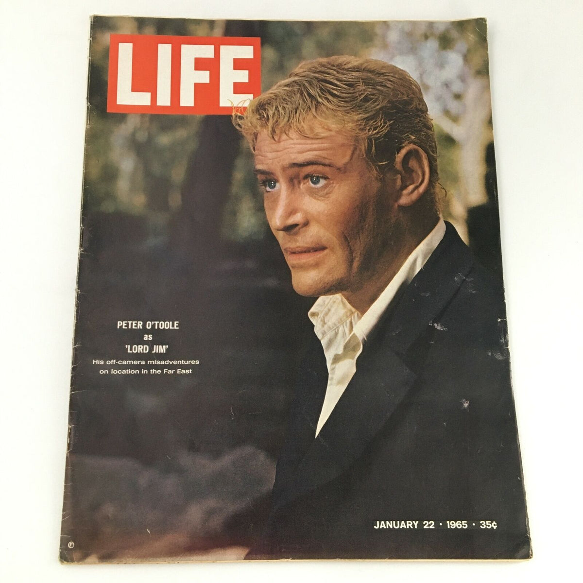 Vintage Life Magazine cover from January 22, 1965, featuring actor Peter O'Toole in character as 'Lord Jim', showcasing a striking portrait with dramatic lighting.
