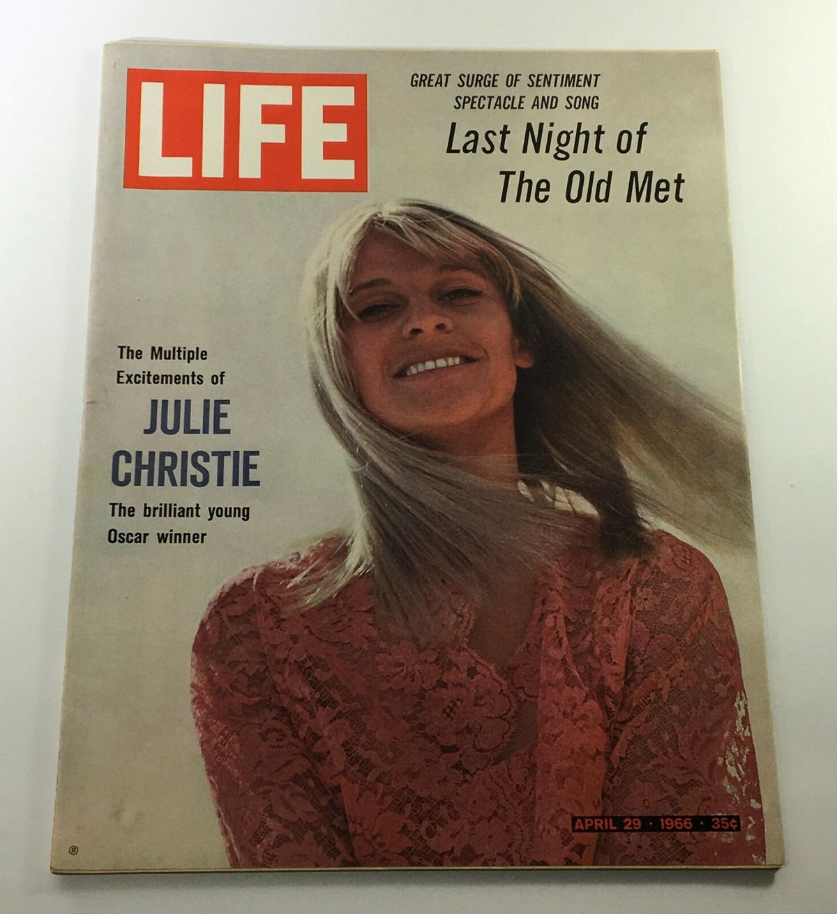 VTG Life Magazine cover from April 29, 1966 featuring actress Julie Christie, noted for her captivating smile and iconic 1960s fashion. The magazine includes a cover story on Julie Christie, the brilliant young Oscar winner.