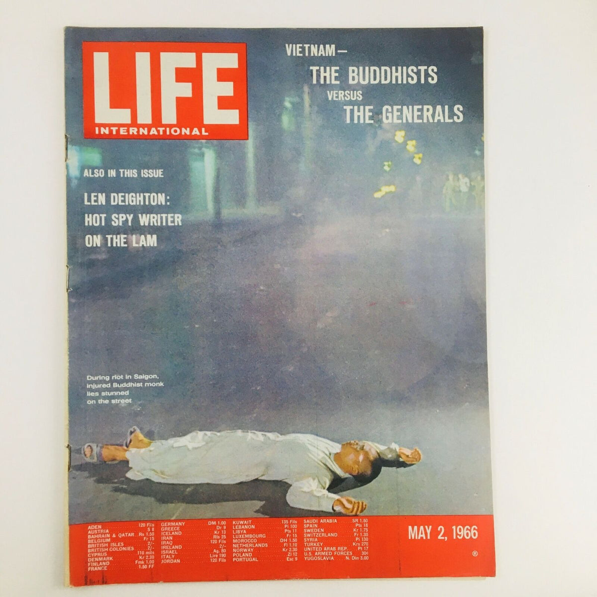 Cover of Life International Magazine from May 2, 1966, featuring an injured Buddhist monk in Saigon, depicting a powerful moment during Vietnam's turmoil.