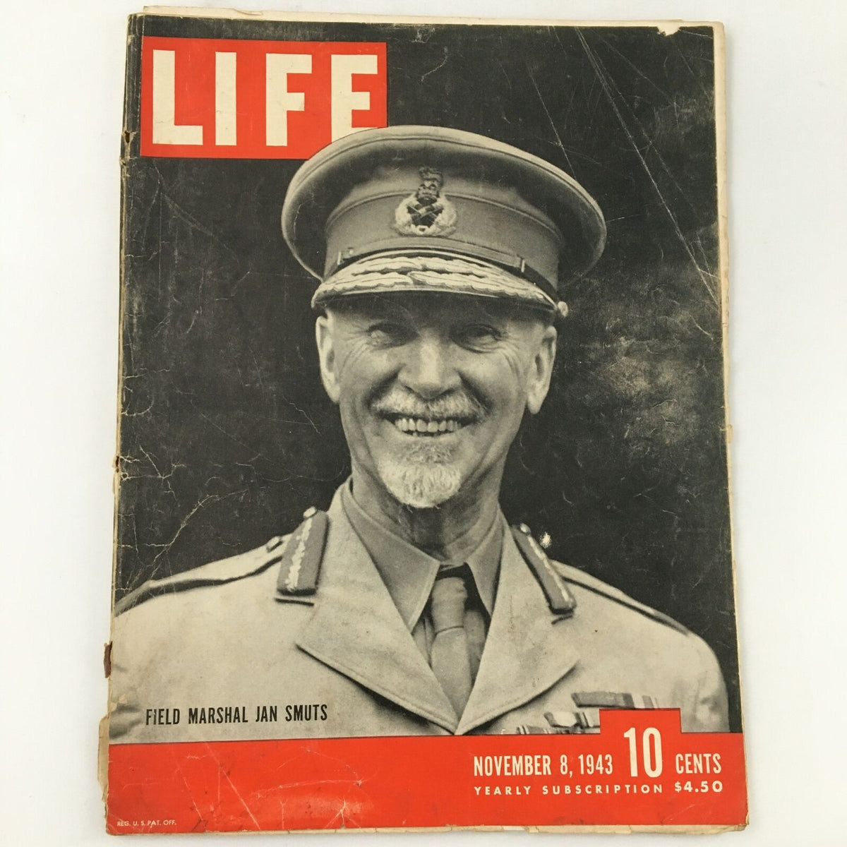 VTG Life Magazine November 8 1943 featuring Field Marshal Jan Smuts on the cover, showcasing the magazine's vintage design and historical significance.