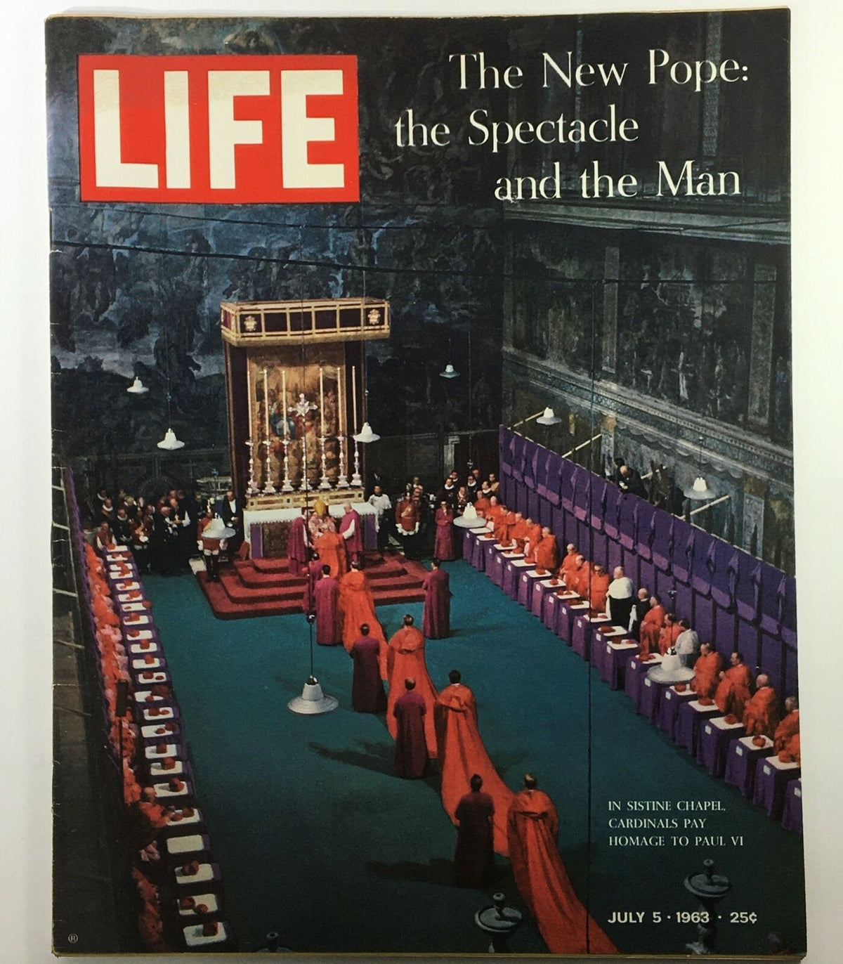 VTG 35 The New Pope Paul II Cover and Feature, Newsstand - Life Magazine July 5, 1963, showcasing the interior of the Sistine Chapel with cardinals in red robes.