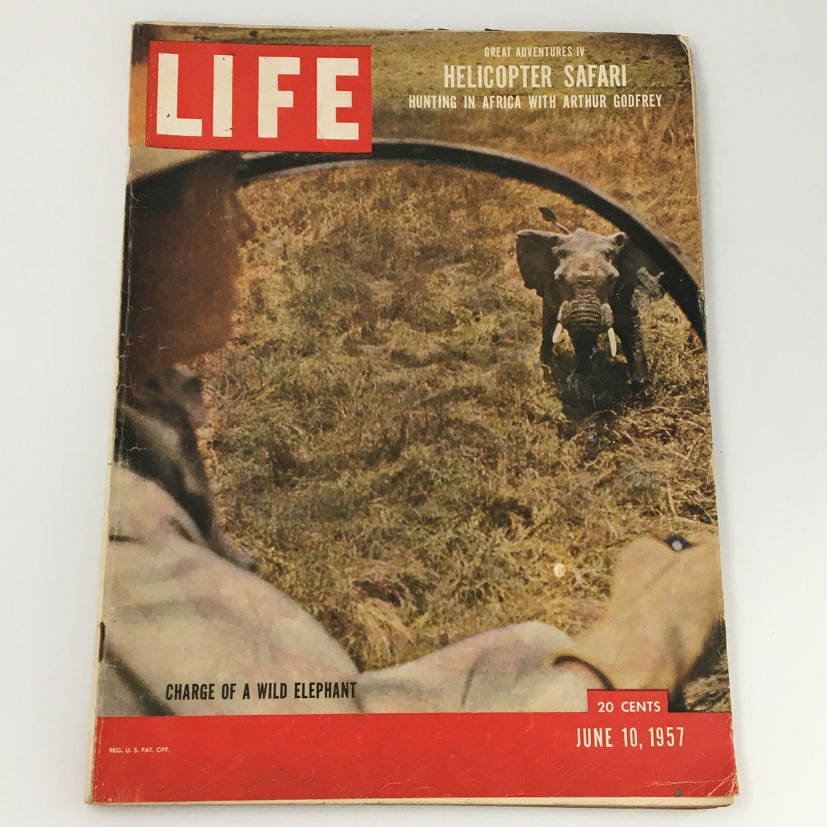 VTG Life Magazine June 10 1957 featuring broadcaster Arthur Godfrey on the cover, showcasing a unique image of a helicopter safari with elephants, ideal for collectors and history enthusiasts.