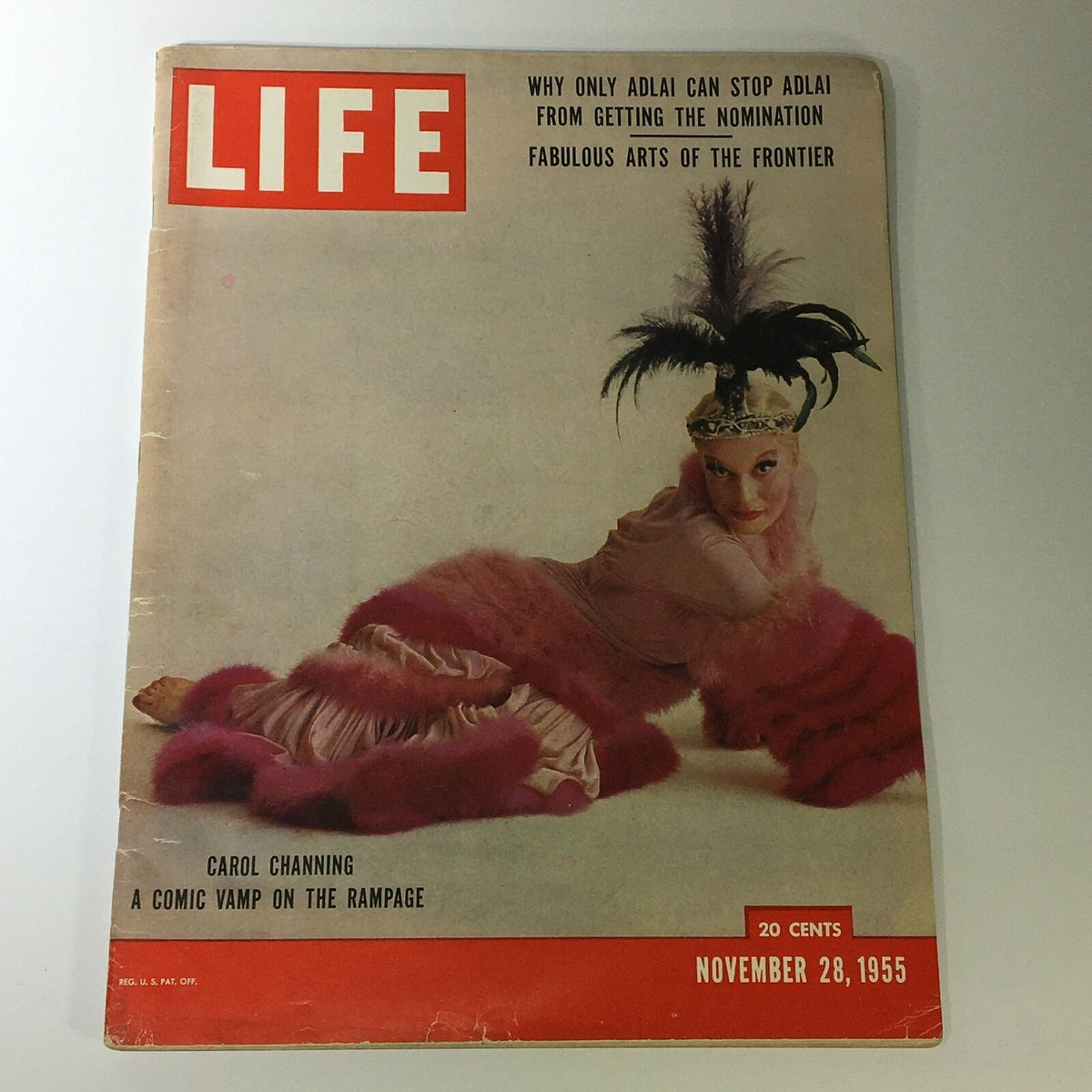 VTG Life Magazine November 28 1955 featuring Carol Channing on the cover, showcasing vibrant colors and a retro design, making it a collectible piece for nostalgia enthusiasts.