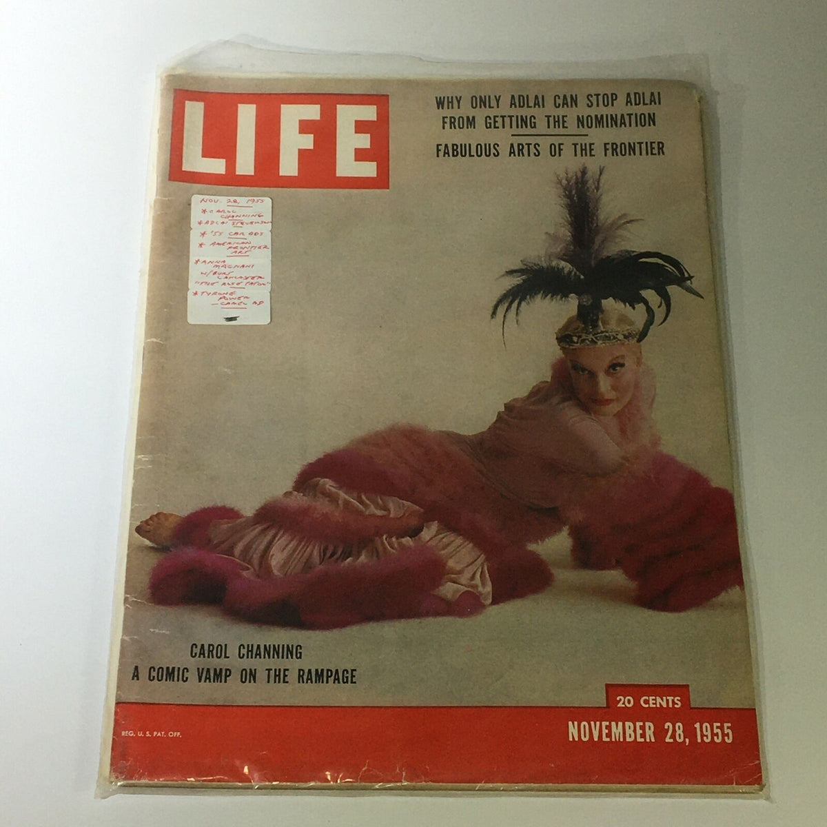 VTG Life Magazine November 28 1955 with Carol Channing on the cover, protected in plastic, highlighting its collectible nature and vintage appeal.