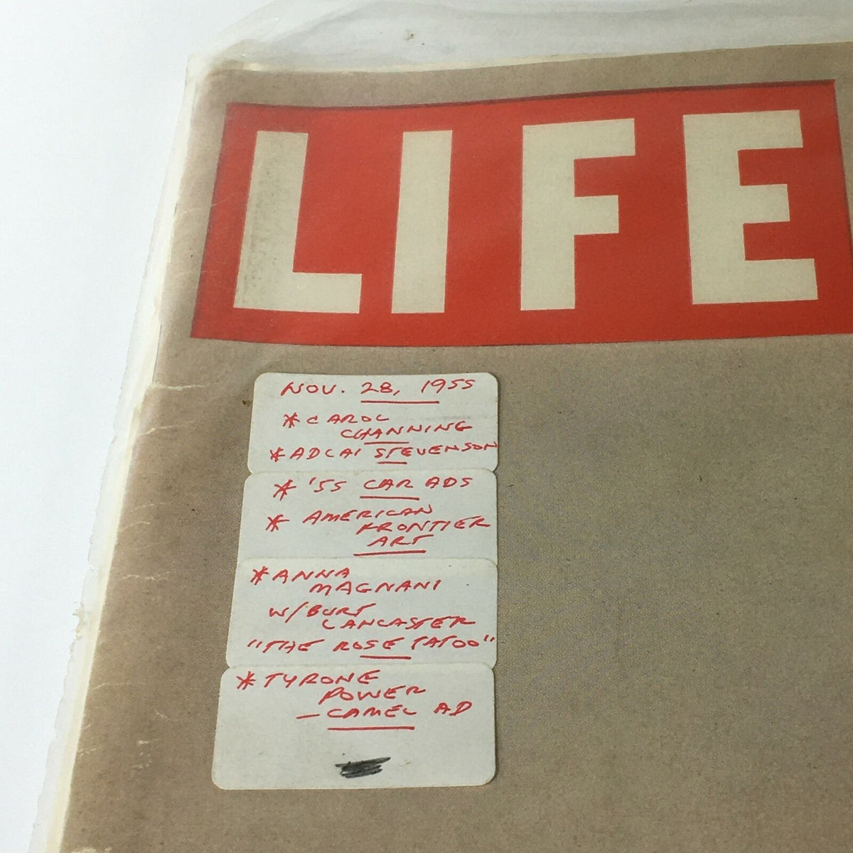 Cover of VTG Life Magazine from November 28, 1955 featuring Carol Channing, showcasing key highlights such as articles on Adlai Stevenson, car advertisements, American frontier art, Anna Magnani with Burt Lancaster, and a Camel advertisement featuring Tyrone Power.