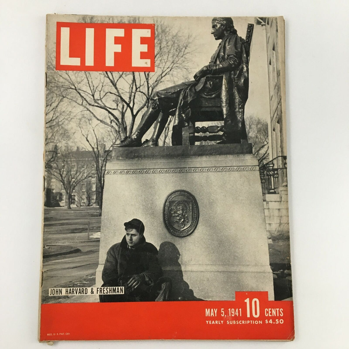 Cover of VTG Life Magazine dated May 5, 1941, featuring a photograph of a young man sitting near the statue of John Harvard, with the title 'JOHN HARVARD & FRESHMAN' and the magazine's logo prominently displayed.