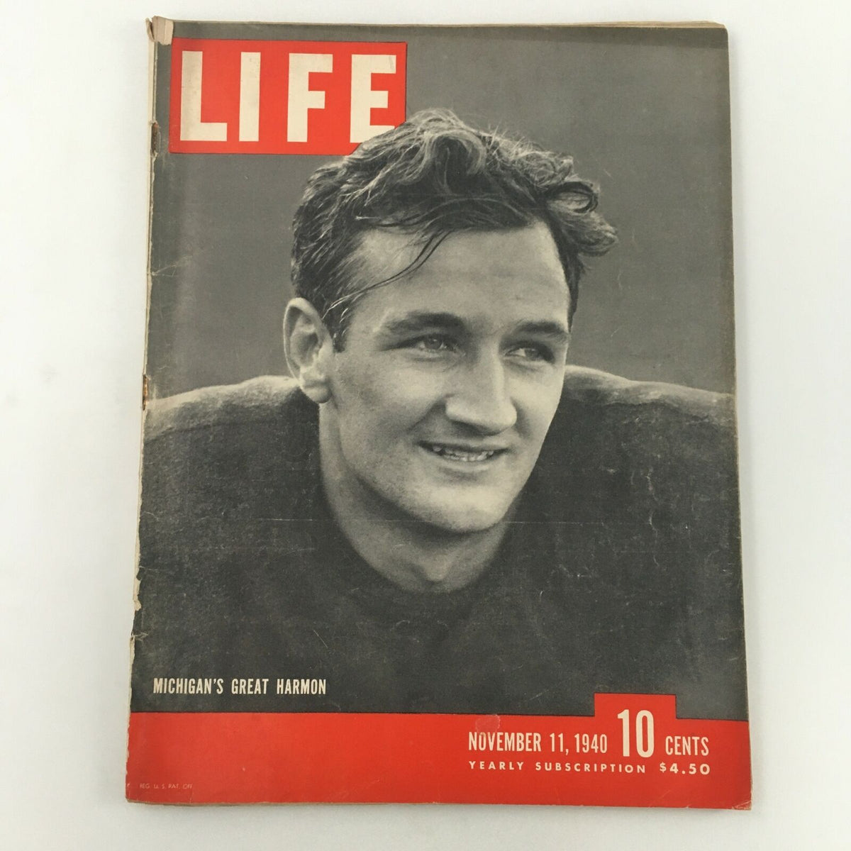 VTG Life Magazine November 11, 1940 featuring Michigan's Great Harmon on the cover, showcasing a captivating vintage design.