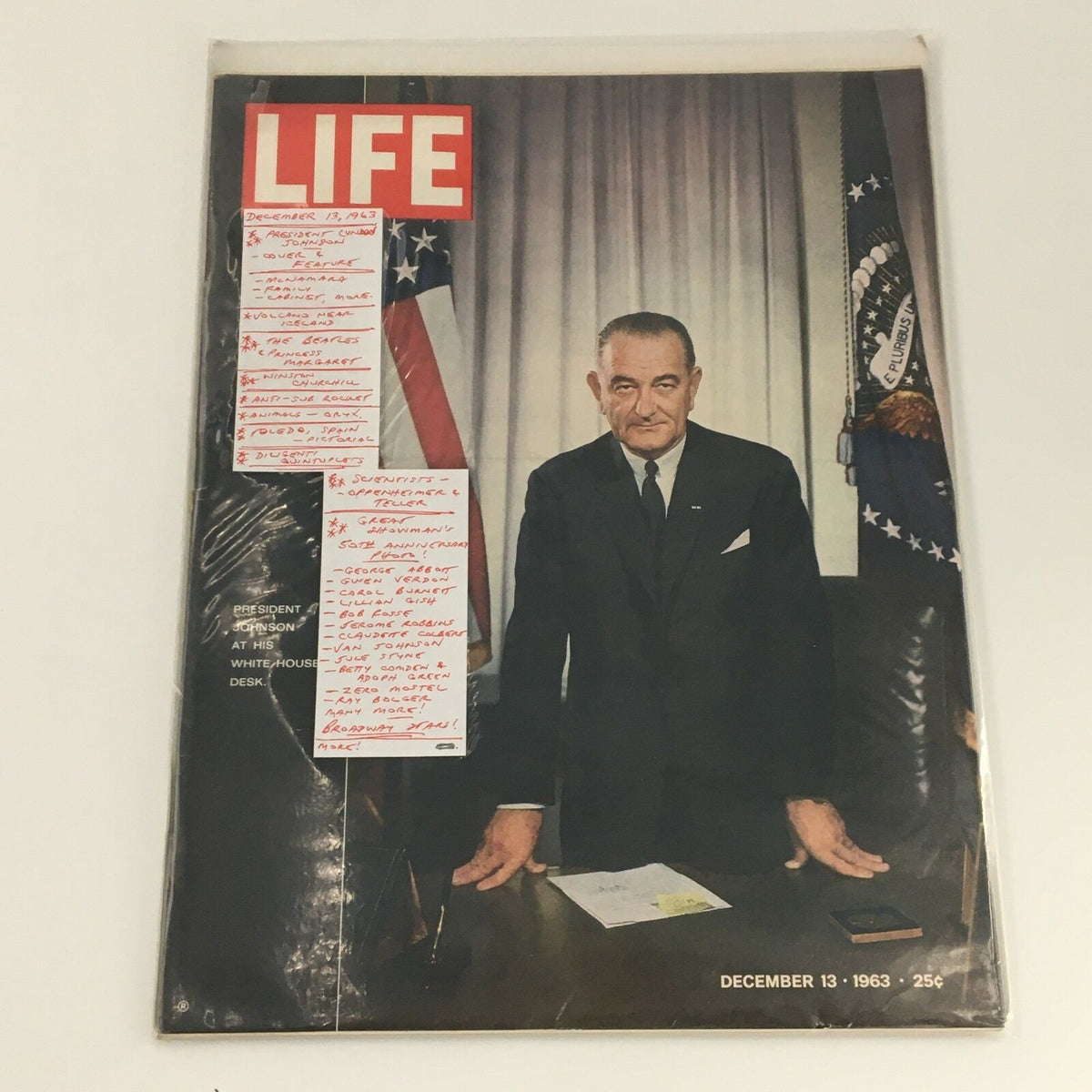 VTG Life Magazine December 13 1963 showcasing President Lyndon B. Johnson at his White House desk, with handwritten notes on the cover, surrounded by American flags.
