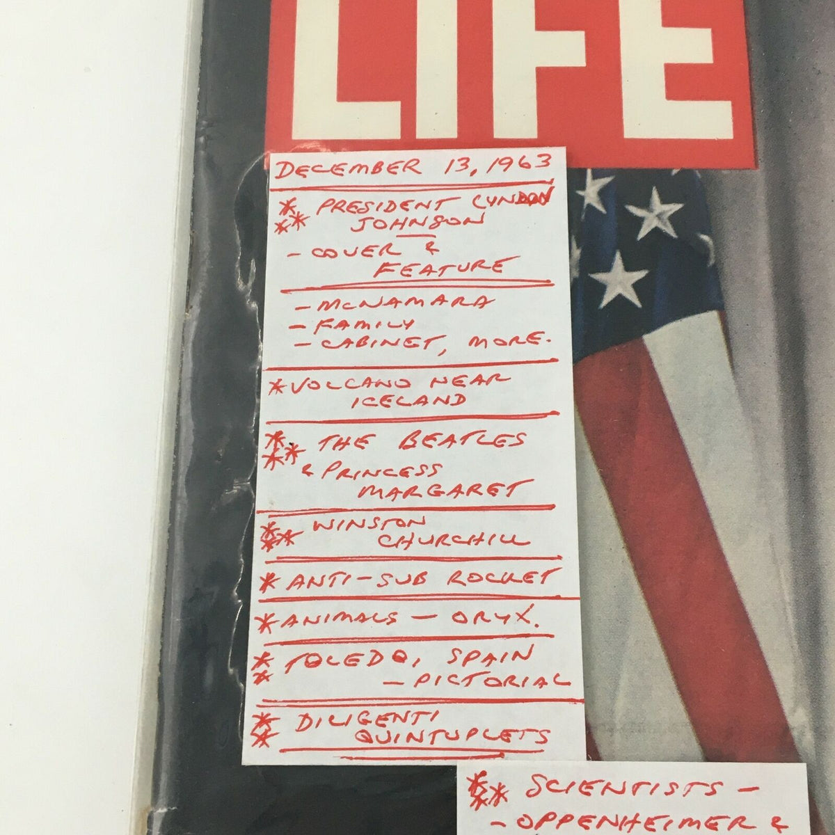 Cover of VTG Life Magazine December 13 1963 featuring President Lyndon B. Johnson, with lists of notable features and articles including The Beatles and scientists.
