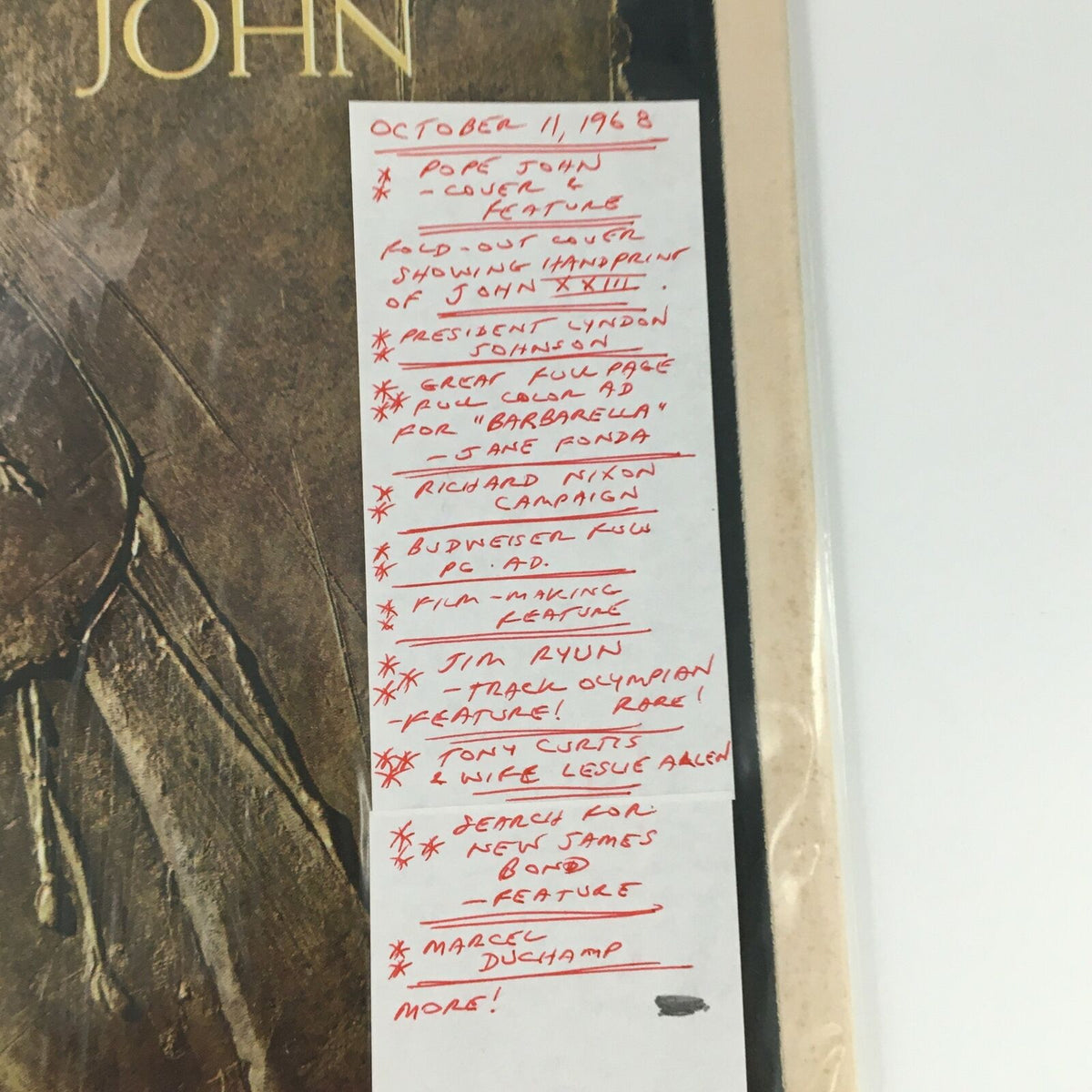 Close-up of a note on the VTG Life Magazine October 11, 1968 detailing features within the issue, including stories on Saintly Pope John, Richard Nixon, and more.