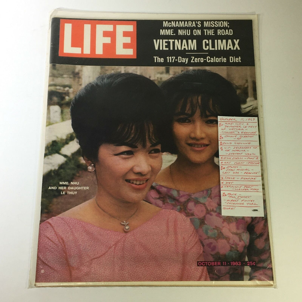Cover of VTG Life Magazine October 11, 1963 highlighting Madame Nhu and her daughter Le Thuy, includes handwritten notes, capturing the cultural significance of the era.