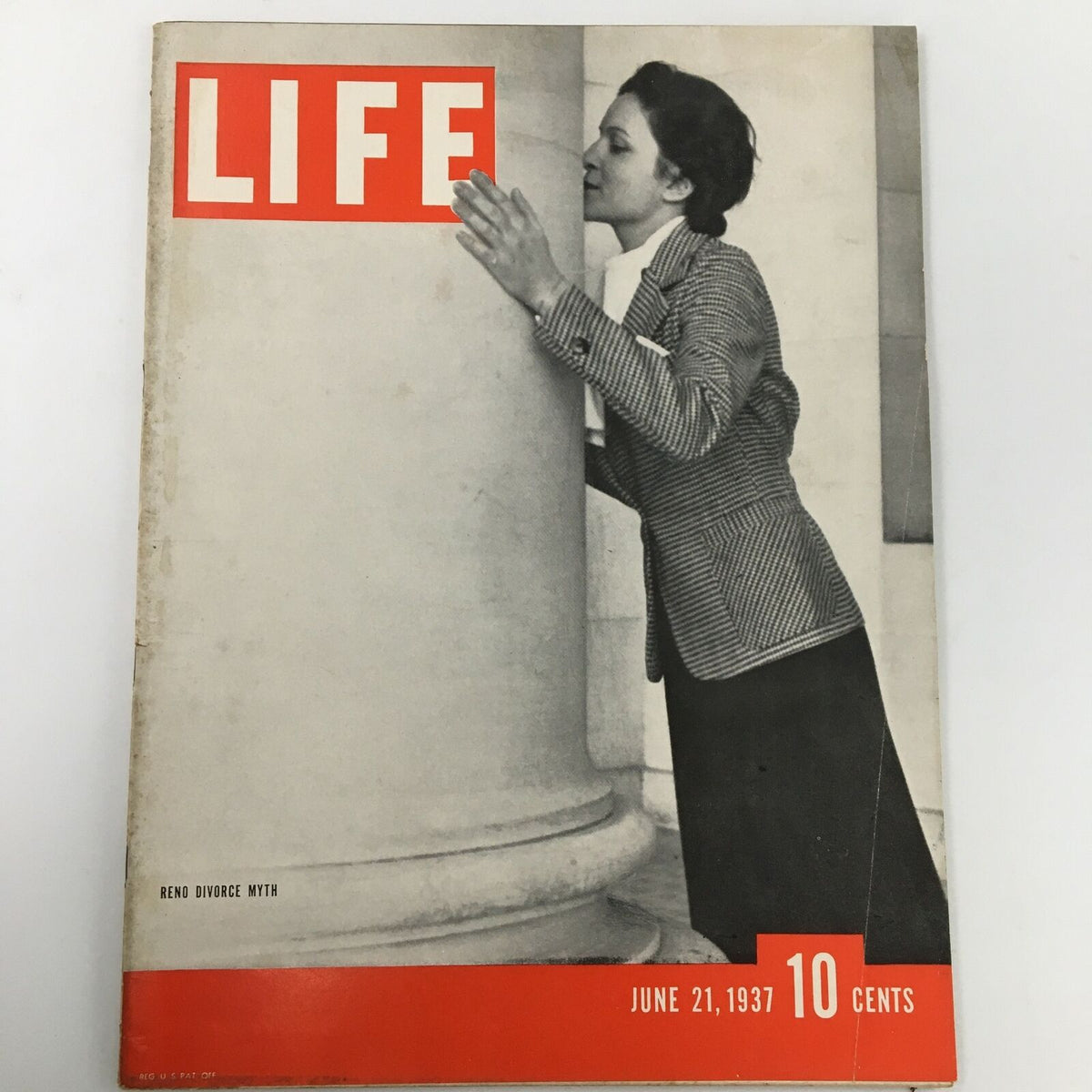 VTG Life Magazine June 21 1937 featuring the Reno Divorce Myth on its cover, showcasing vintage journalism aesthetics with a striking red and white title.
