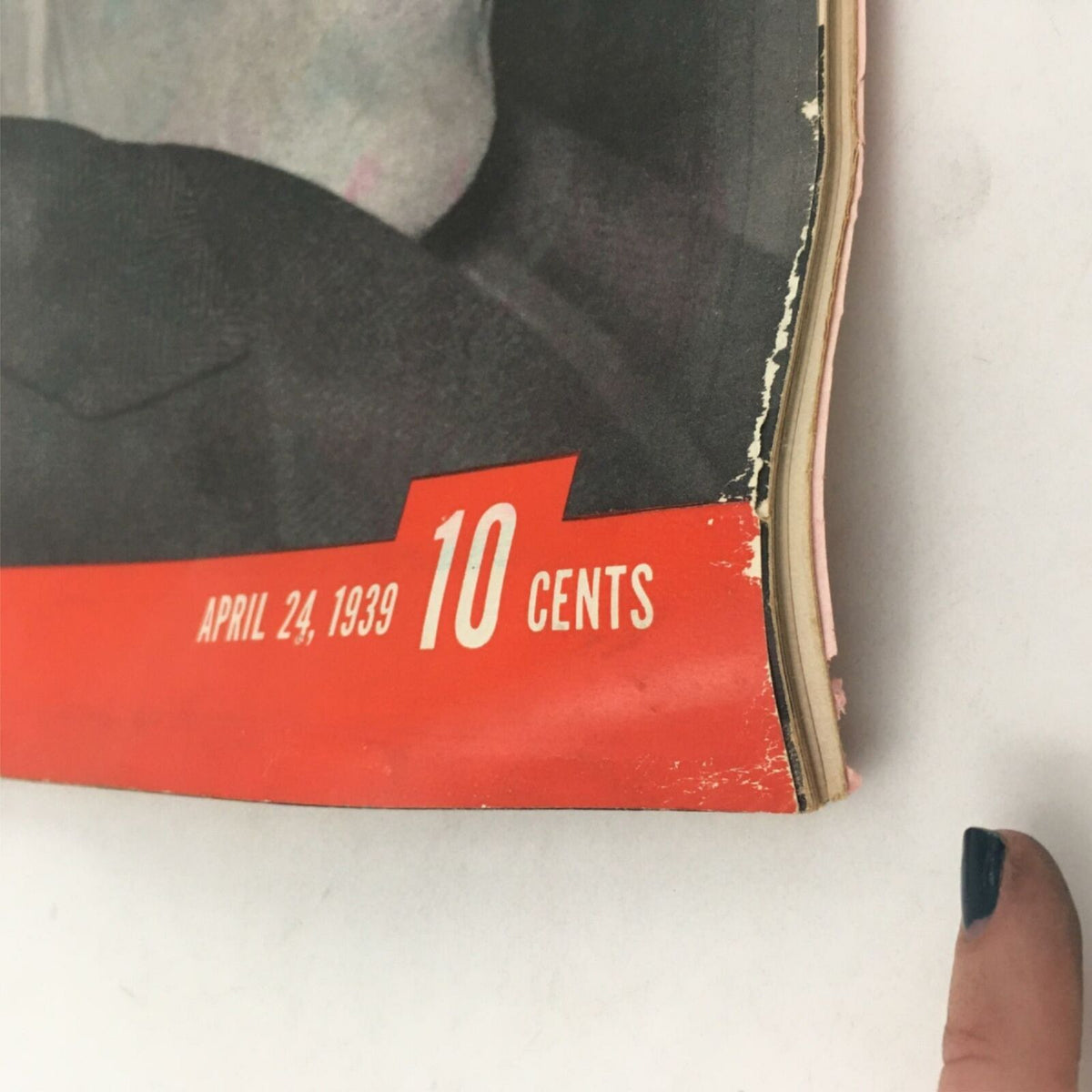 Detail of the edge of the VTG Life Magazine April 24, 1939, illustrating slight wear and the collectible nature of this historic magazine.