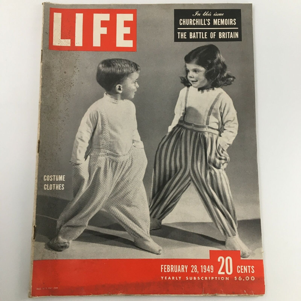 Cover of VTG Life Magazine February 28, 1949 featuring children in costume, with an emphasis on the Battle of Britain.