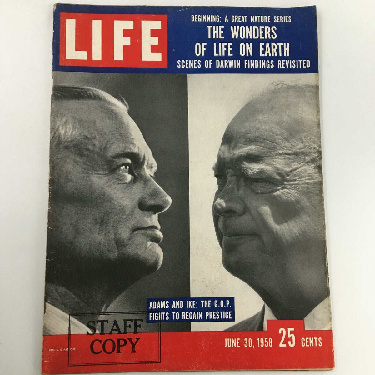 VTG Life Magazine June 30 1958 featuring cover design with profiles of Sherman Adams and Dwight Eisenhower, marked 'Staff Copy' and highlighting political themes.