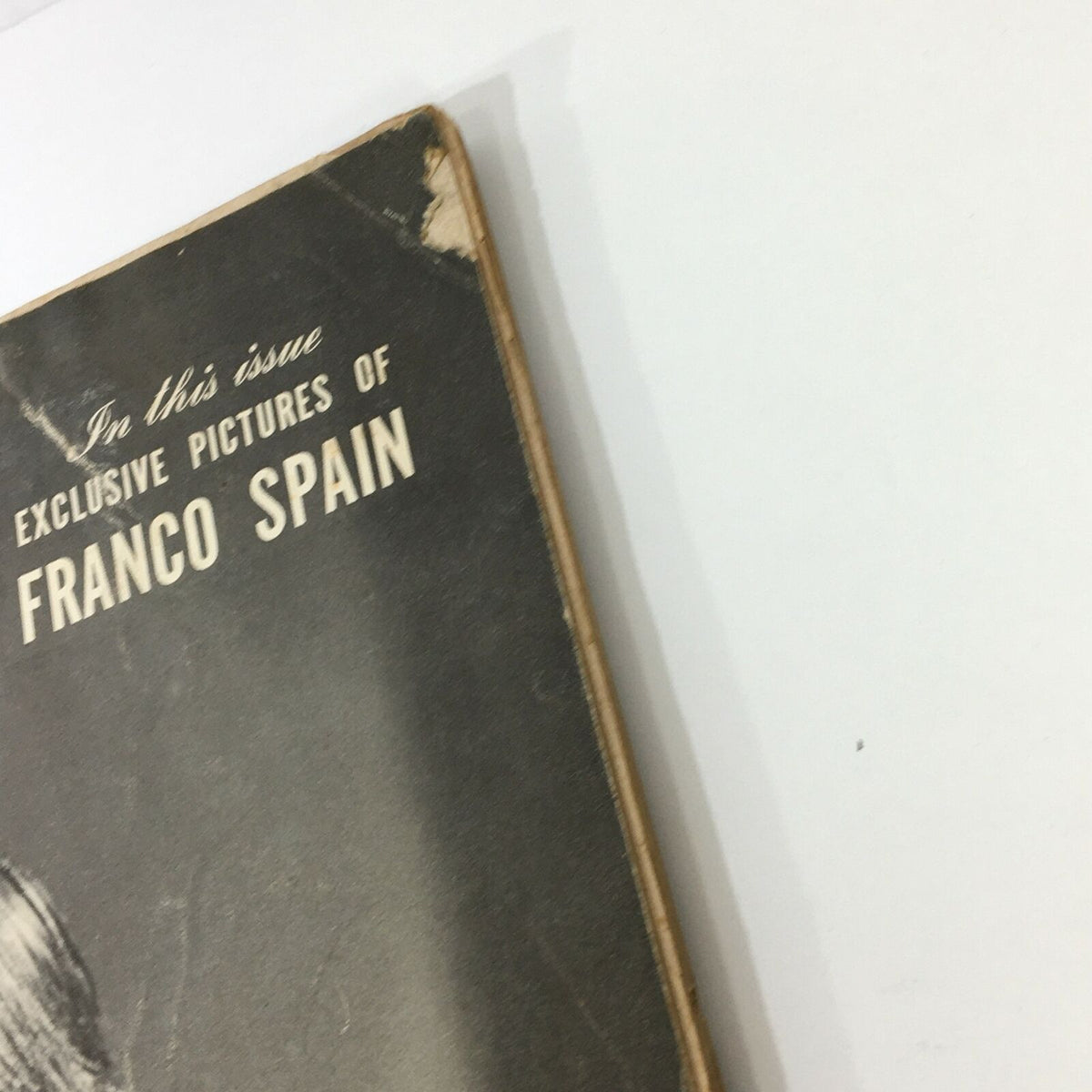 Close-up view of the VTG Life Magazine April 4, 1949 featuring Paul Hoffman, showcasing the edge and cover text that mentions 'Exclusive Pictures of Franco Spain'.