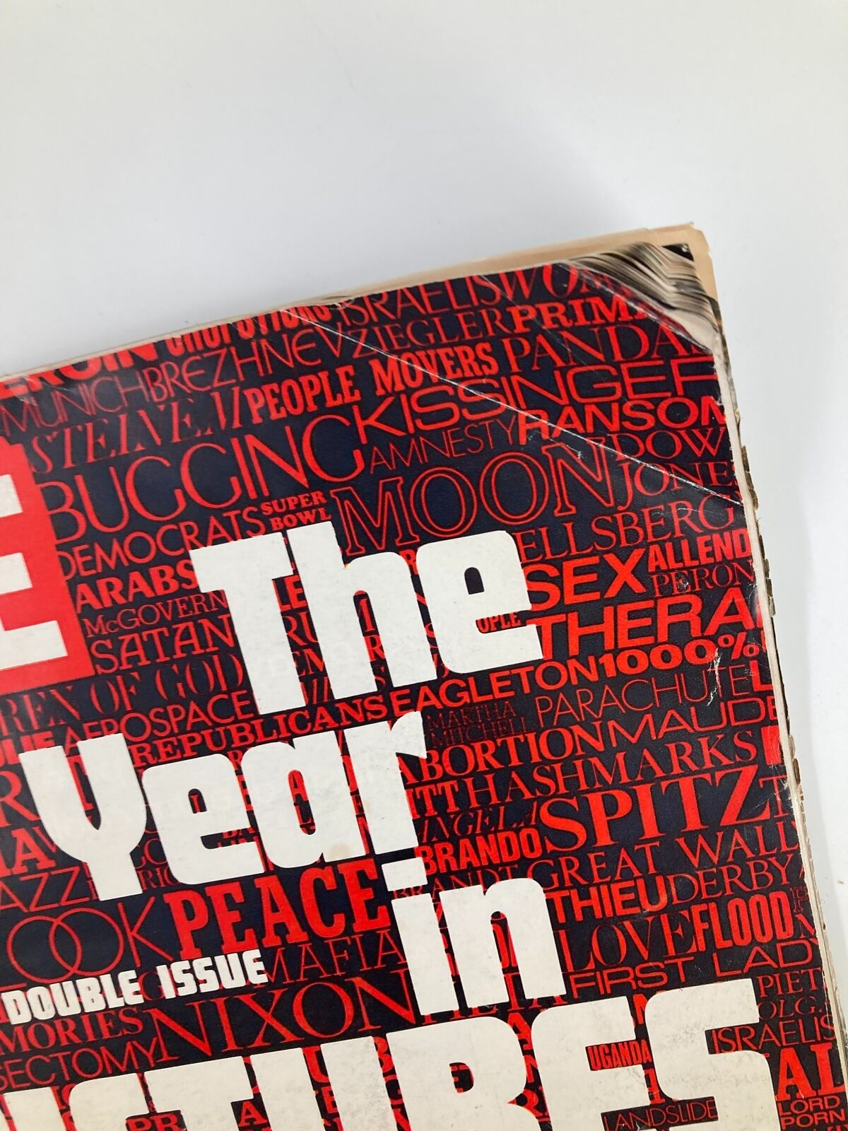 Close-up view of the cover of VTG Life Magazine December 29 1972 The Year In Pictures highlighting the magazine's title and some iconic events featured within.