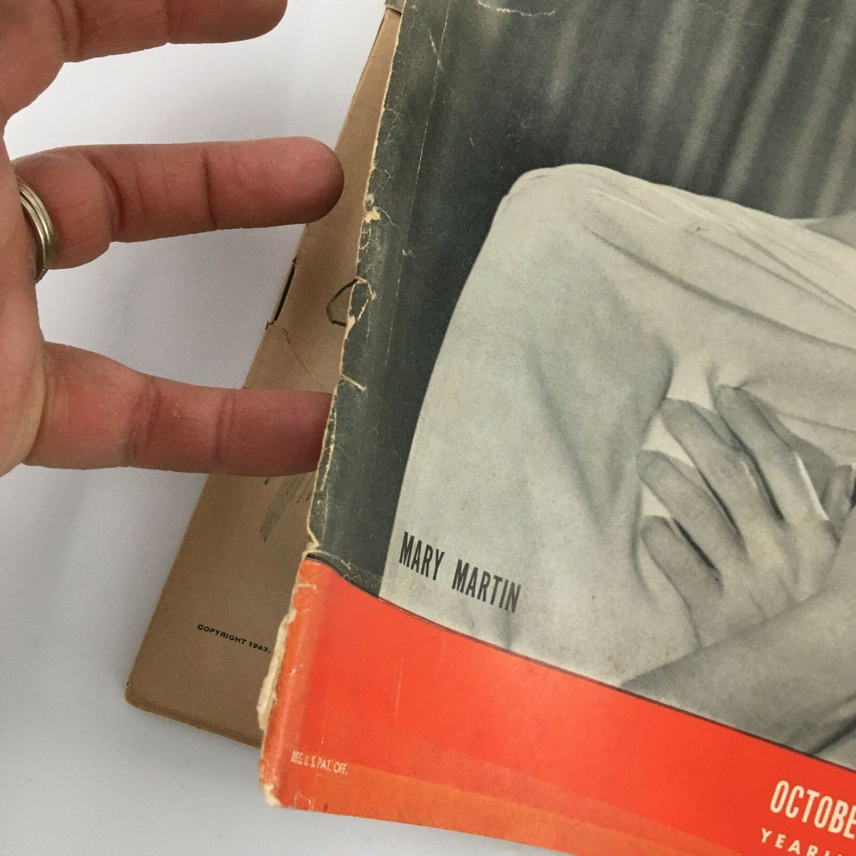 Close-up view of the cover of VTG Life Magazine October 25 1943, highlighting the name 'Mary Martin' and the magazine's publication details, showcasing its nostalgic value.