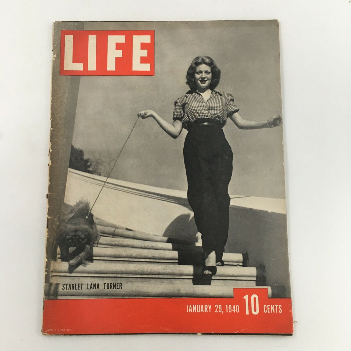 Cover of VTG Life Magazine January 29 1940 featuring starlet Lana Turner walking her dog, showcasing vintage Hollywood style.