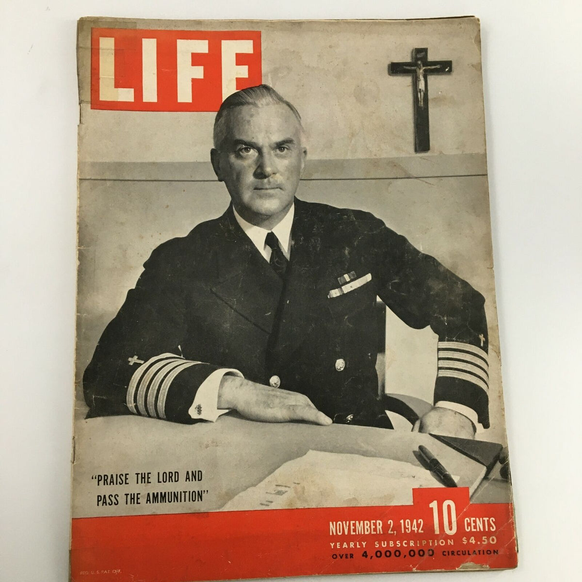 VTG Life Magazine November 2, 1942 featuring Chaplain William A. Maguire on the cover. The magazine shows vintage style with the title "LIFE" prominently displayed and depicts a naval officer in a formal uniform, symbolizing the World War II era.
