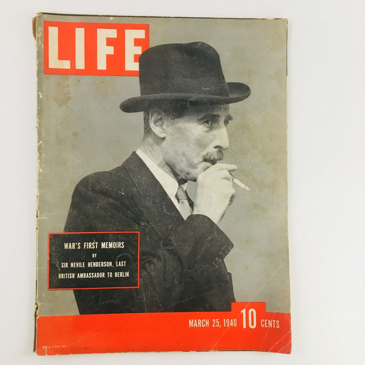 VTG Life Magazine March 25 1940 featuring Sir Neville Henderson on the cover, showcasing a vintage design with a classic black and white photo of the ambassador in a hat and suit.