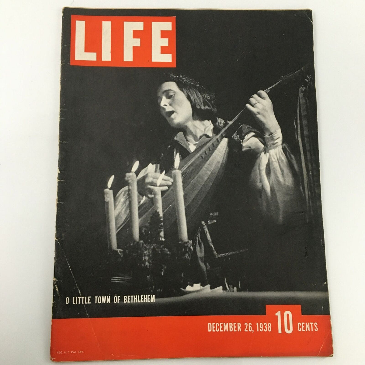 VTG Life Magazine December 26 1938 O Little Town of Bethlehem cover featuring a musician playing a string instrument with candles in the foreground.