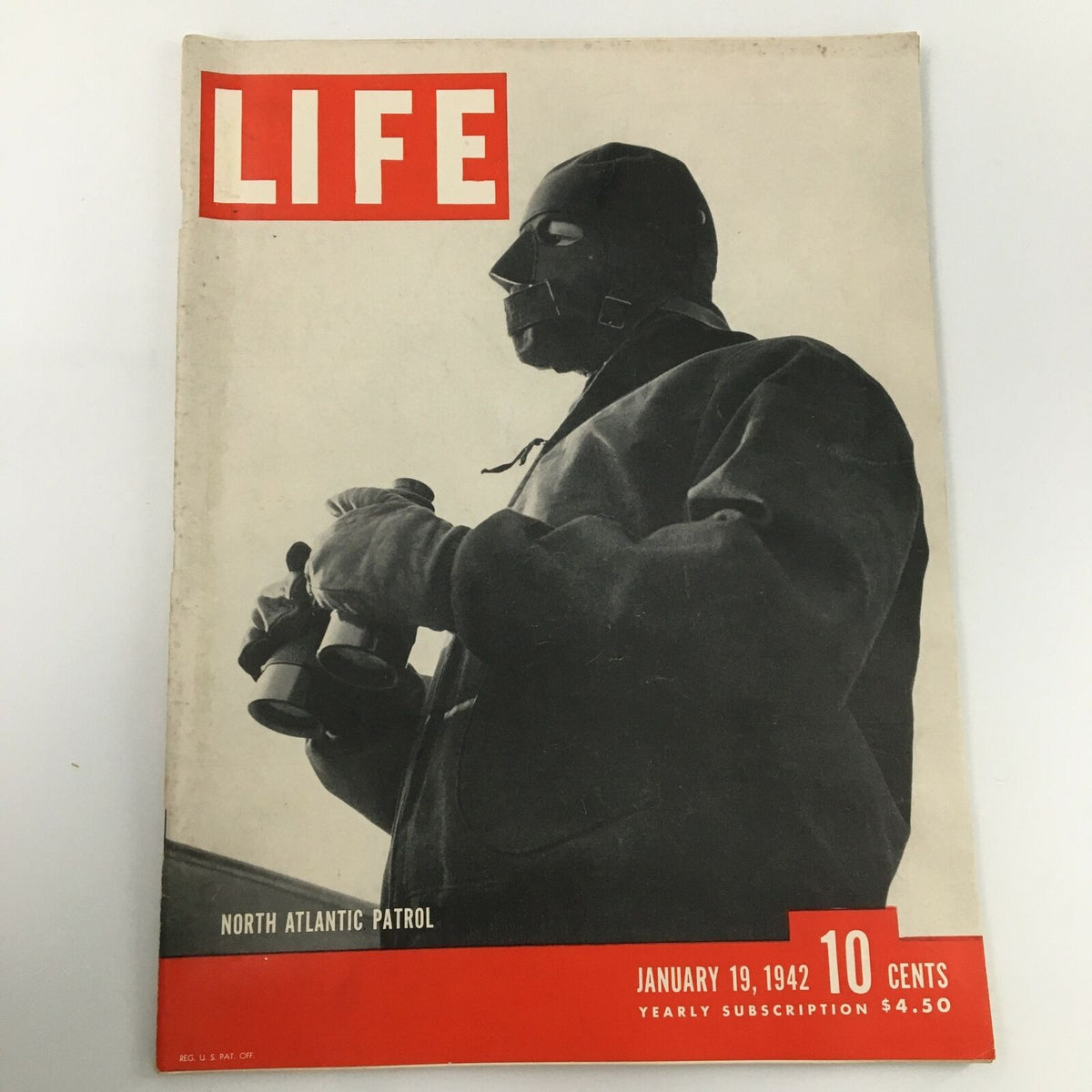 Cover of VTG Life Magazine January 19 1942 featuring North Atlantic Patrol, with a man in a dark outfit holding binoculars, reflecting wartime themes.