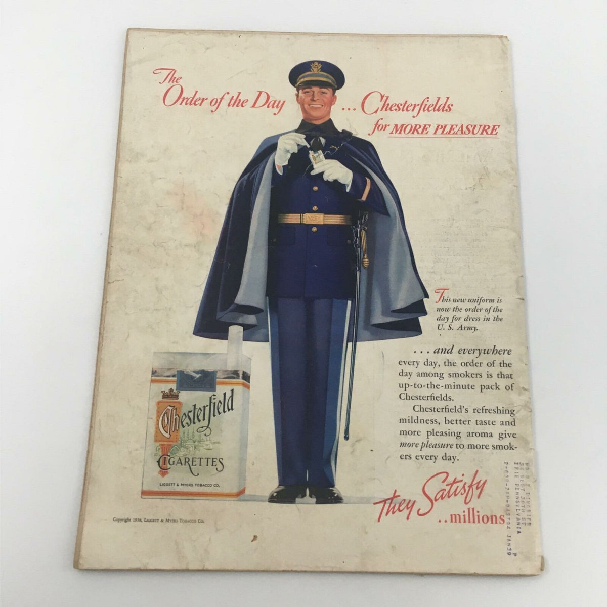 Back cover of VTG Life Magazine September 5, 1938, featuring a vintage advertisement for Chesterfield cigarettes, depicting a uniformed soldier promoting the brand.