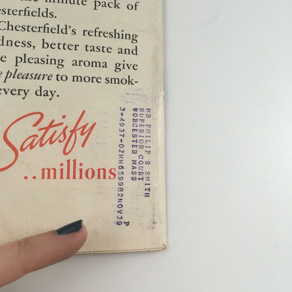 Close-up of the Chesterfield cigarettes advertisement with the word 'Satisfy' prominently displayed. This image is part of the VTG Life Magazine September 5, 1938 Katharine Aldridge Fall Fashions.