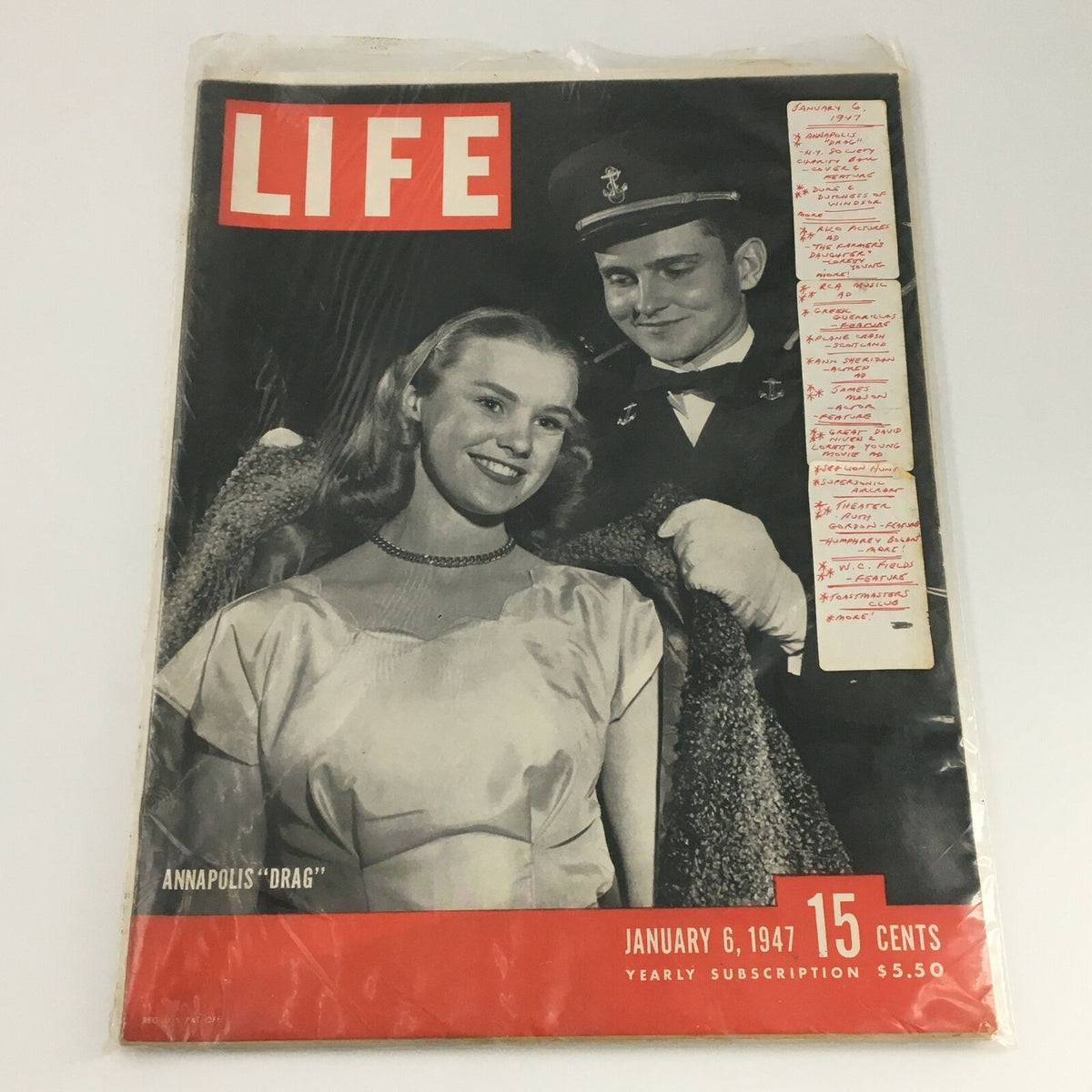 VTG Life Magazine January 6 1947 with the 'Drag' cover feature on Annapolis, displayed in protective packaging, featuring a smiling woman and a navy officer.