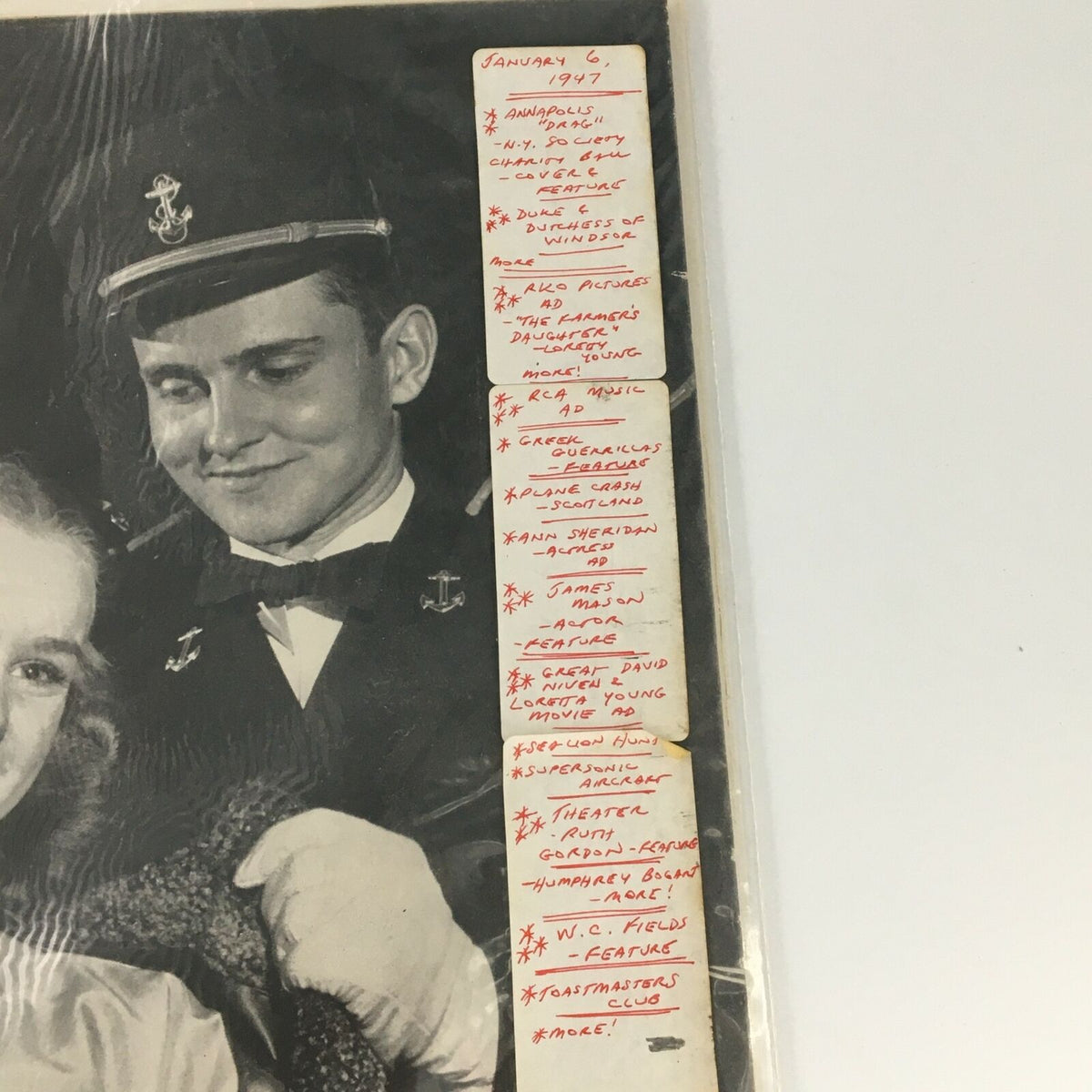 VTG Life Magazine January 6 1947 Annapolis 'Drag' cover feature showcasing a close-up of handwritten notes and advertisements on the magazine's edge, reflecting mid-20th century American culture.