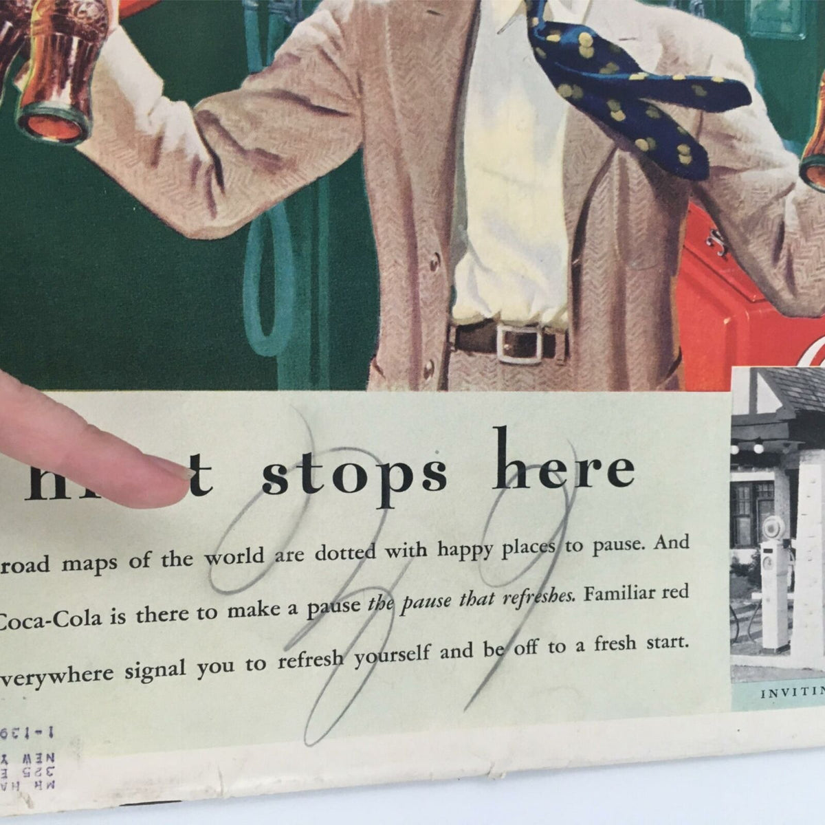 Close-up of the Coca-Cola advertisement from Life Magazine April 10 1939, highlighting the text "Thirst stops here" alongside vintage imagery.