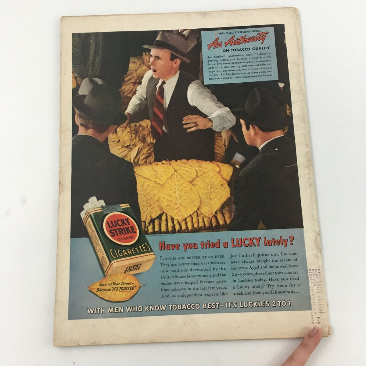 Vintage advertisement from Life Magazine May 29, 1939 for Lucky Strike cigarettes showcasing men discussing tobacco quality, featuring an iconic image from the 1930s.