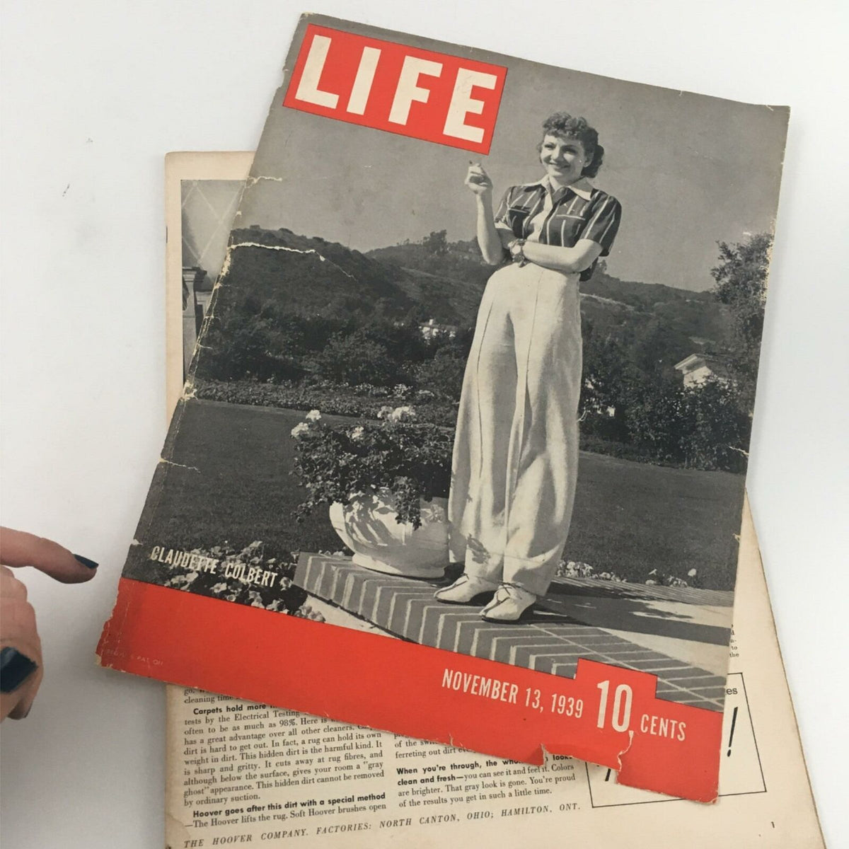 Full view of the Vintage Life Magazine from November 13, 1939, featuring Claudette Colbert on the cover, priced at 10 cents.