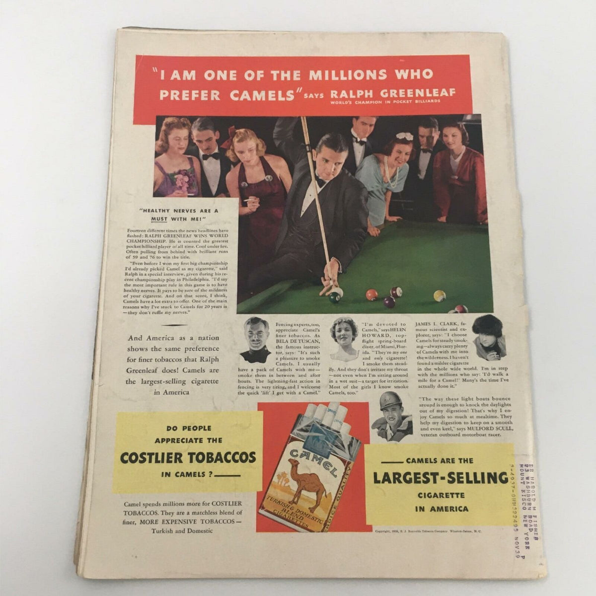 Back cover of VTG Life Magazine January 31, 1938, displaying a vintage advertisement for Camels cigarettes featuring Ralph Greenleaf and a social gathering.