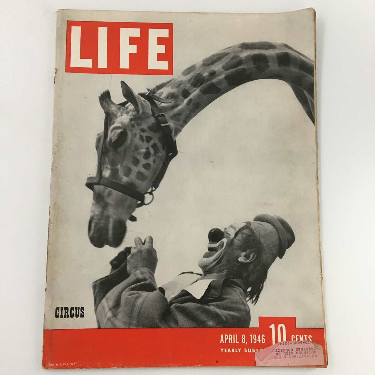 VTG Life Magazine April 8 1946 featuring a circus clown engaging with a giraffe, showcasing unique vintage media from a playful era.