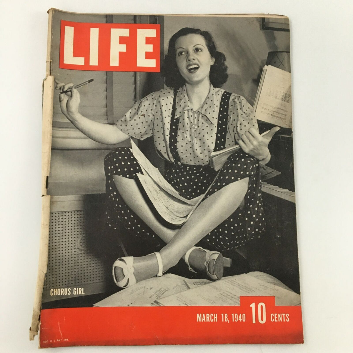 VTG Life Magazine March 18 1940 cover featuring a chorus girl rehearsing, showcasing her energetic pose and vintage fashion, with the magazine title prominently displayed.