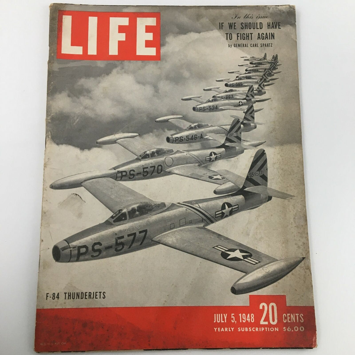 VTG Life Magazine July 5 1948 cover featuring F-84 Thunderjets in the sky, showcasing aviation history.