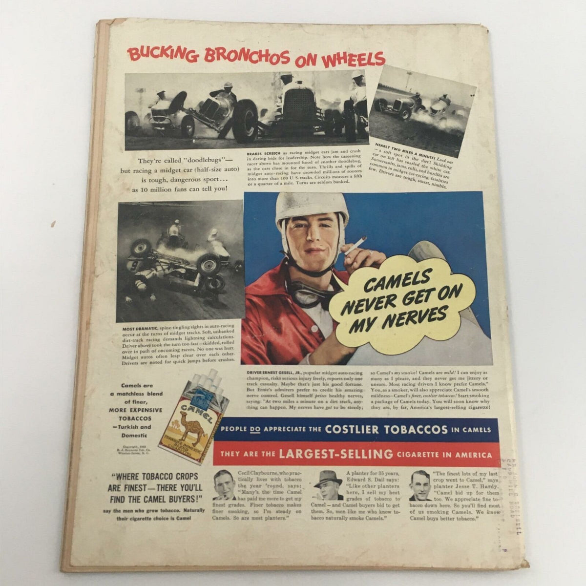 Back cover of Life Magazine, dated October 10, 1938, featuring advertisements and images related to racing and Camel cigarettes. A glimpse into historical marketing and design trends of the era.