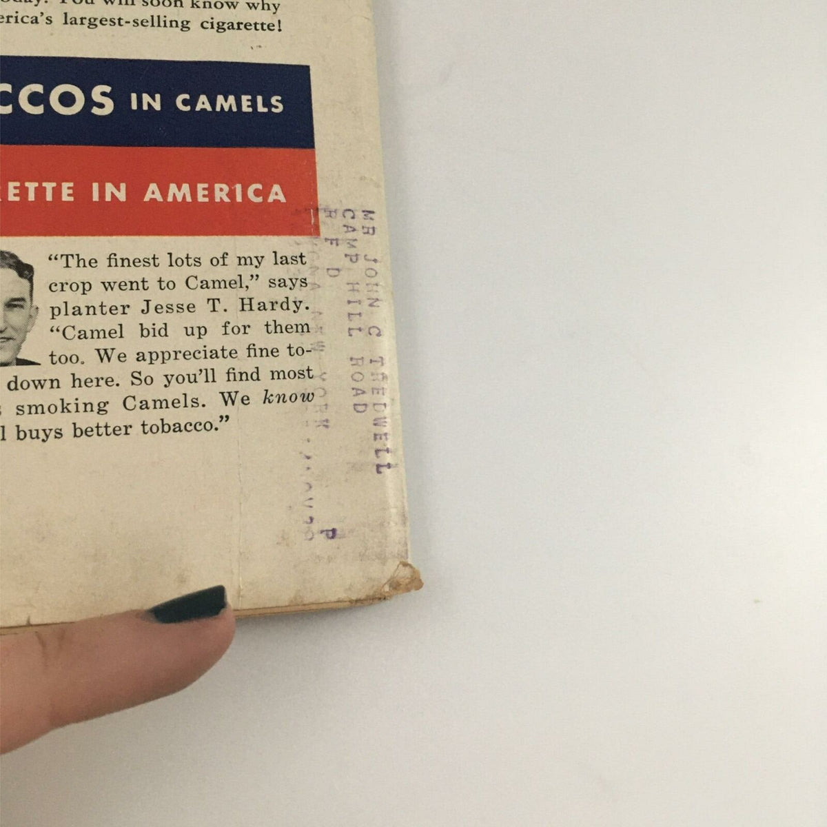 Back cover of VTG Life Magazine October 10, 1938 Legion Drum Majorettes, featuring a vintage advertisement for Camels cigarettes, highlighting a testimonial by planter Jesse T. Hardy, along with an address label.