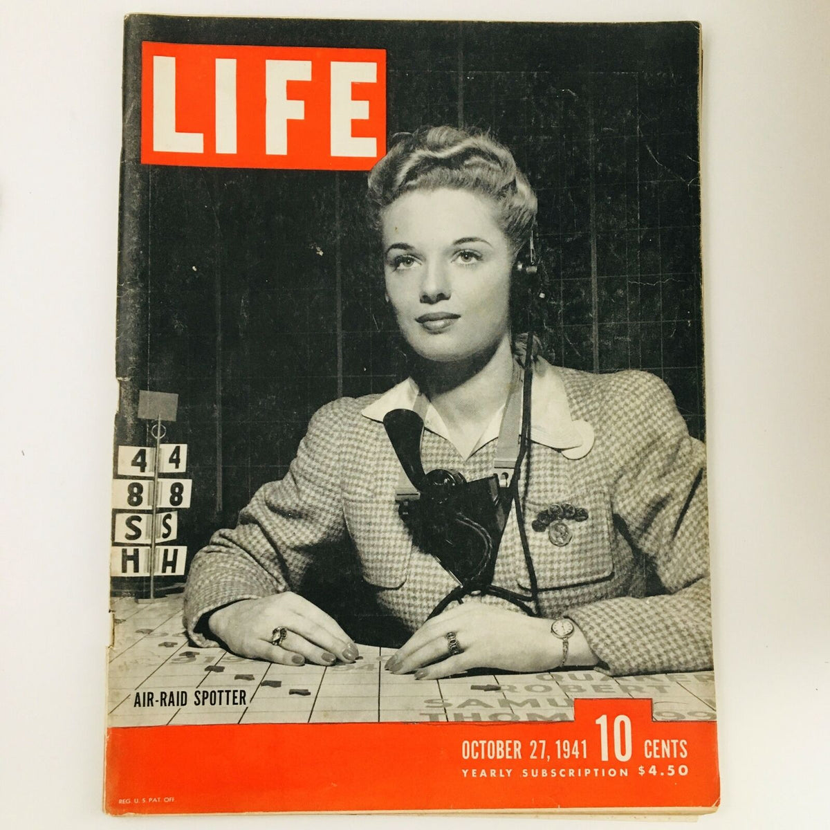 VTG Life Magazine October 27, 1941 featuring a female air-raid spotter depicted on the cover, showcasing historical significance from World War II, priced at 10 cents.