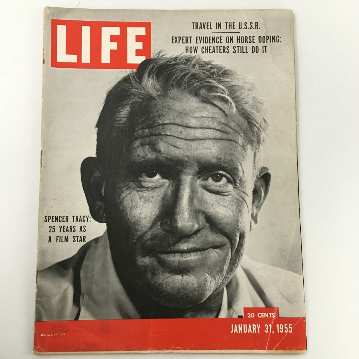 Cover of VTG Life Magazine January 31, 1955 featuring actor Spencer Tracy, showcasing his portrait and highlights like '25 years as a film star' and the magazine's iconic red branding.