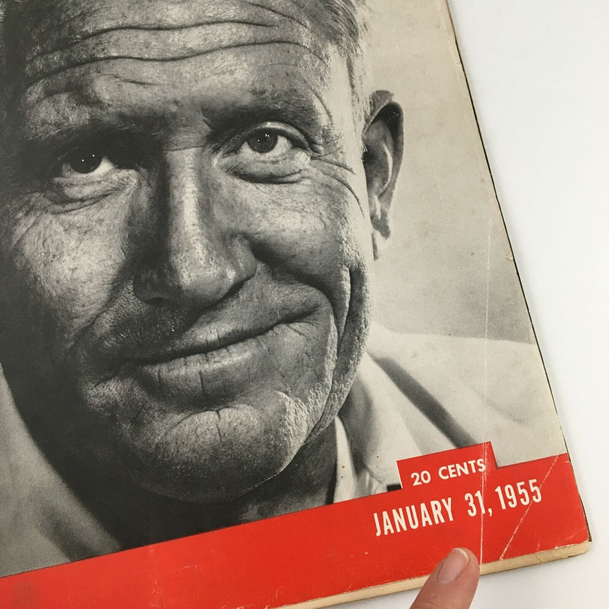 Close-up of the cover of VTG Life Magazine January 31, 1955 with actor Spencer Tracy's portrait, emphasizing the publication date and price.