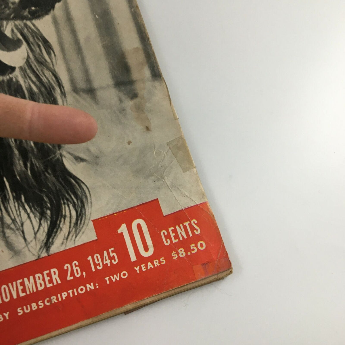 Close-up of the bottom right corner of VTG Life Magazine November 26 1945, displaying the publication date and pricing details typical of the era.