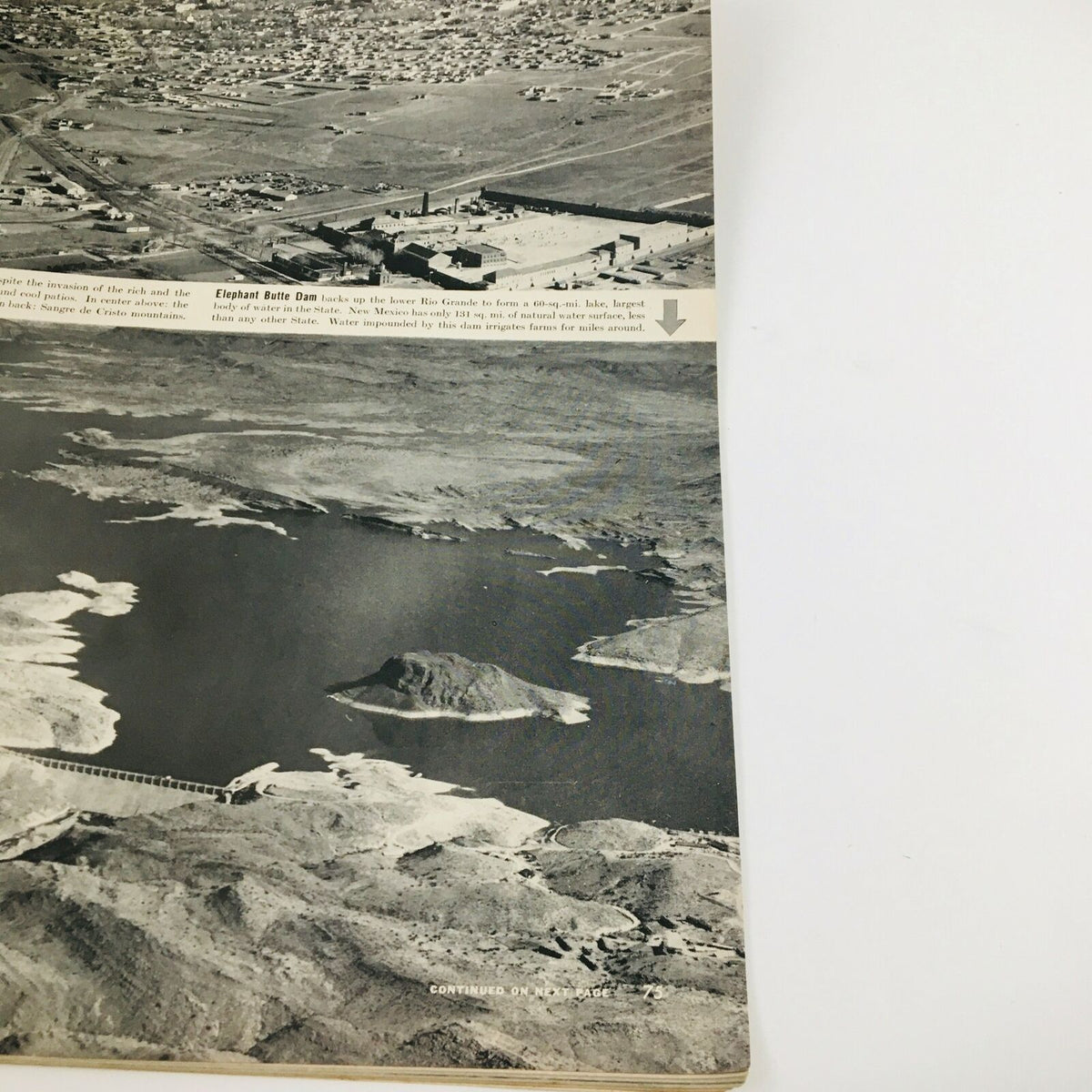 Continuation page from VTG Life Magazine May 13 1940 with a detailed view of Elephant Butte Dam and its surrounding water bodies in an aerial photograph.