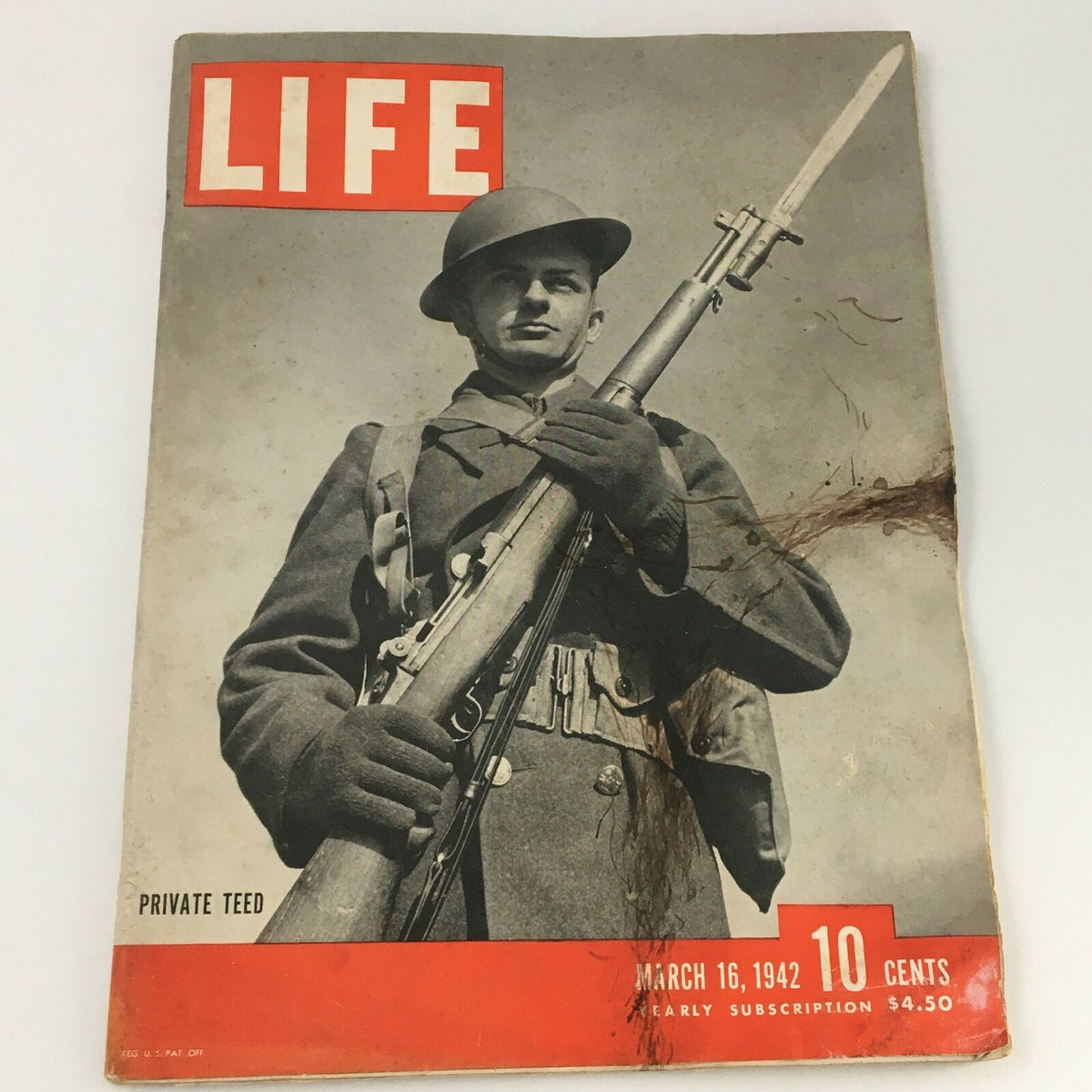 VTG Life Magazine March 16 1942 featuring Private Charles Teed on the cover, showcasing a soldier posing with a rifle, representing a moment in World War II history.