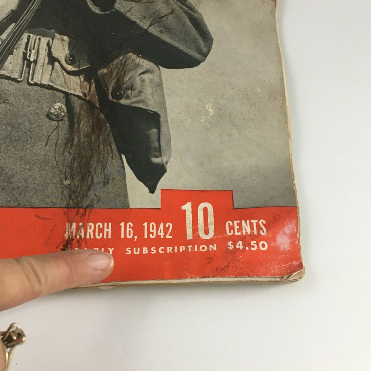 Front cover of vintage Life Magazine dated March 16, 1942, highlighting the price and publication details, featuring Private Charles Teed.