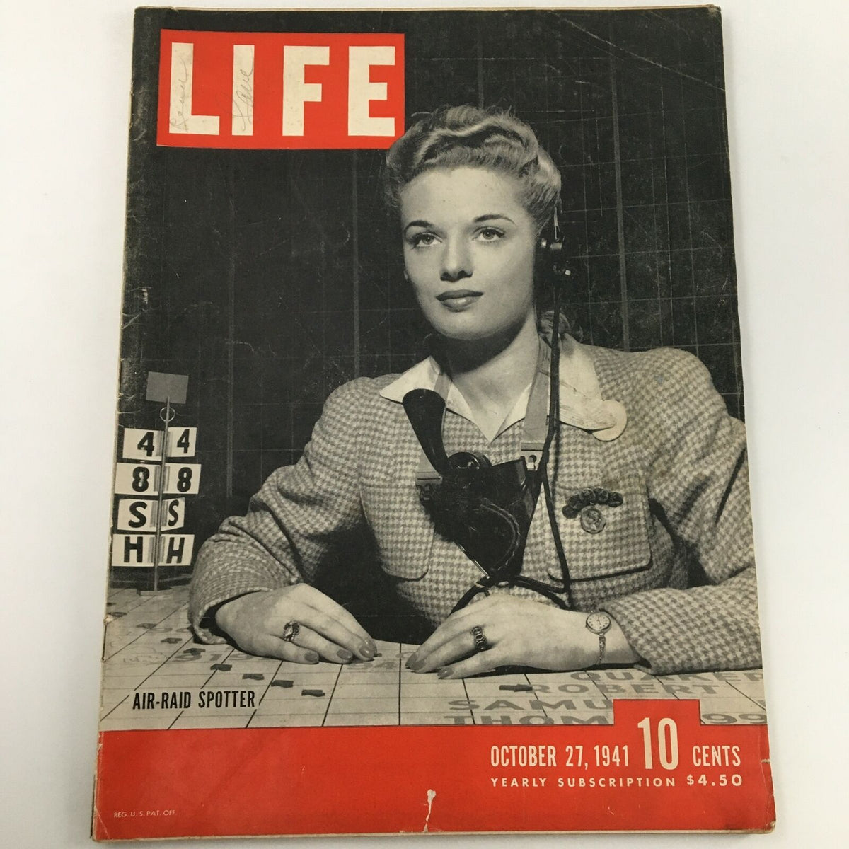 Vintage Life Magazine cover from October 27, 1941 featuring an Air-Raid Spotter, highlighting historical context with engaging visuals and detail.